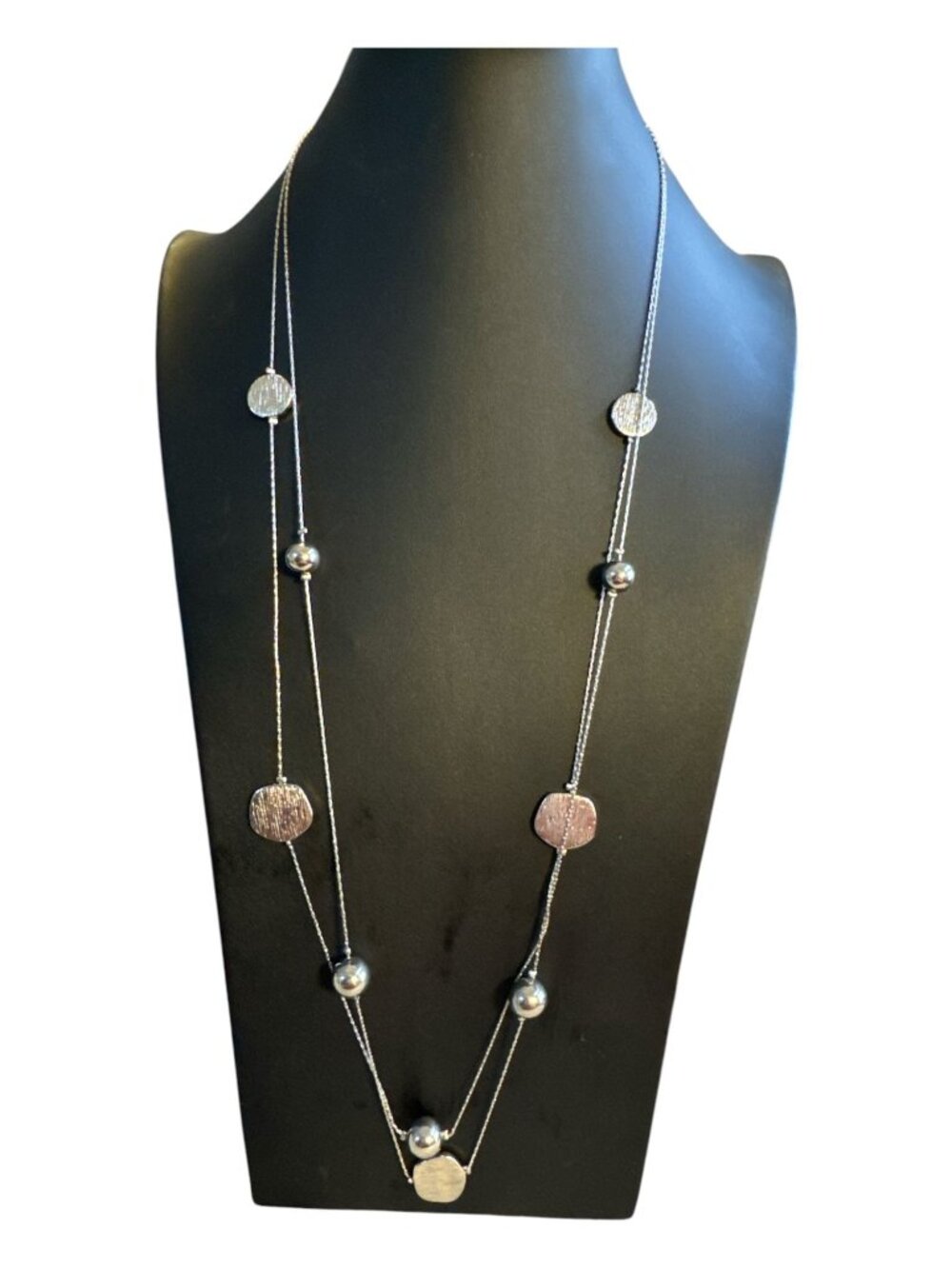 Layered Silver Necklace With Textured Discs & Polished Beads Adjustable Lobster